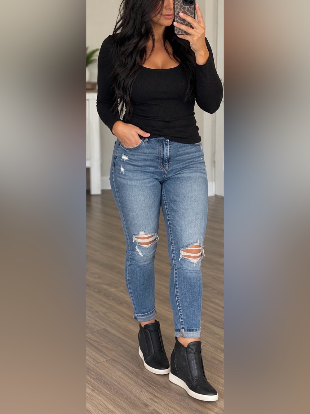 Journee Collection Clara Black Hidden Wedge Sneakers Black Faux Leather High Top